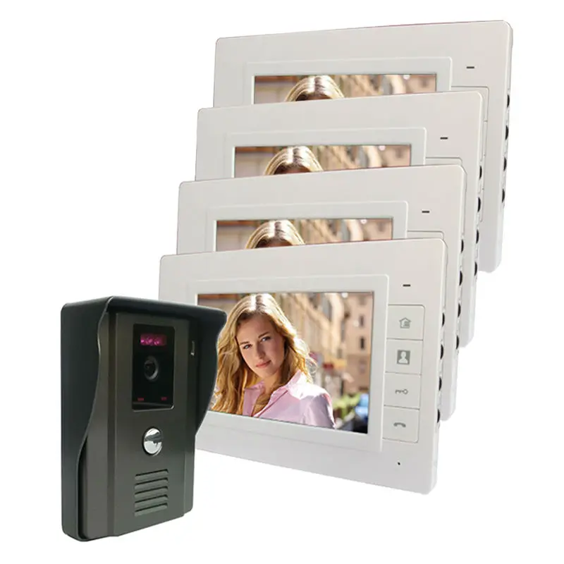 

Hot sale economic and good quality 7" wired colour video intercom door phone with 4 monitors and rainproof night vision camera
