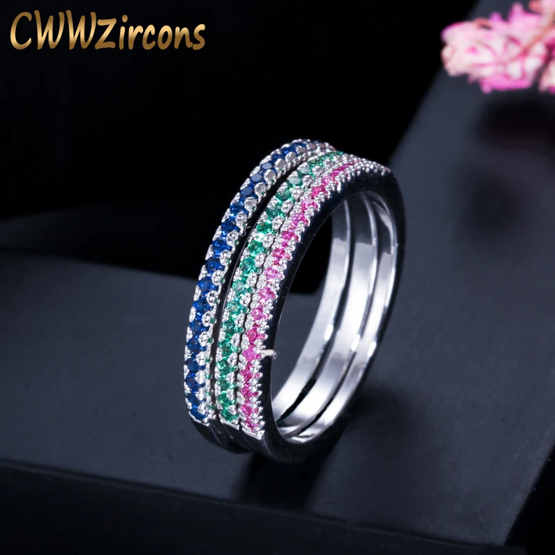 

CWWZircons Fashion Simple Design Red Green Blue Cubic Zirconia Stones Rings Set For Women CZ Wedding Engagement Jewelry R013