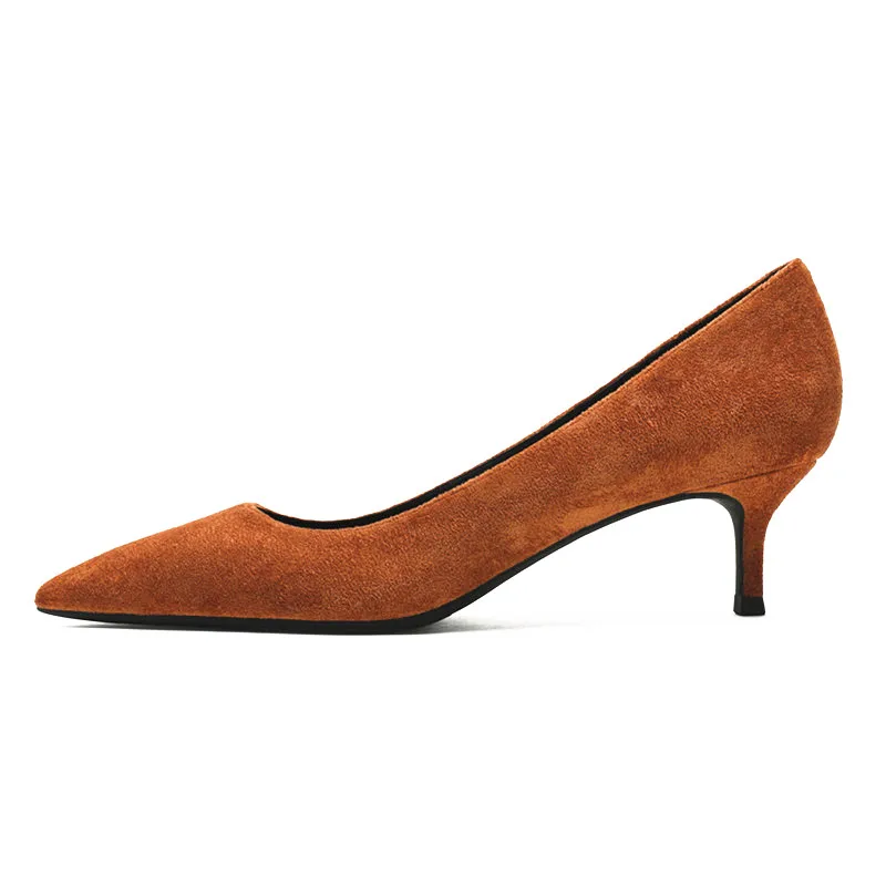 KATELVADI/обувь женские коричневые туфли-лодочки женские офисные туфли из флока на среднем каблуке 5 см с острым носком K-321 - Цвет: Коричневый
