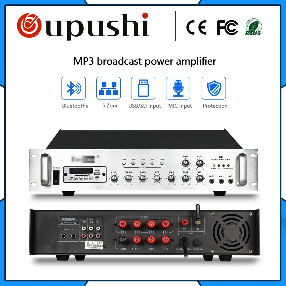 5 Zone pa amplifier oupushi usb fm radio 180 watt