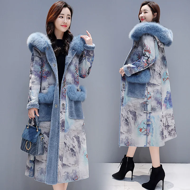 

2019 Winter Retro Print Lambswool Jacket Coat Women Long Faux Fur Coat Female Hooded Warm Overcoat Womens Plus Velvet Thick Coat