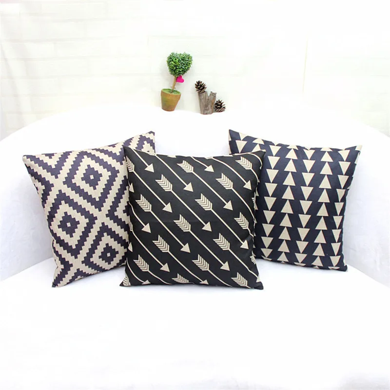 Black Beige Linen Geometry Accent Decorative Throw Pillow Cases Square Cushion Cover Set of 3 ...