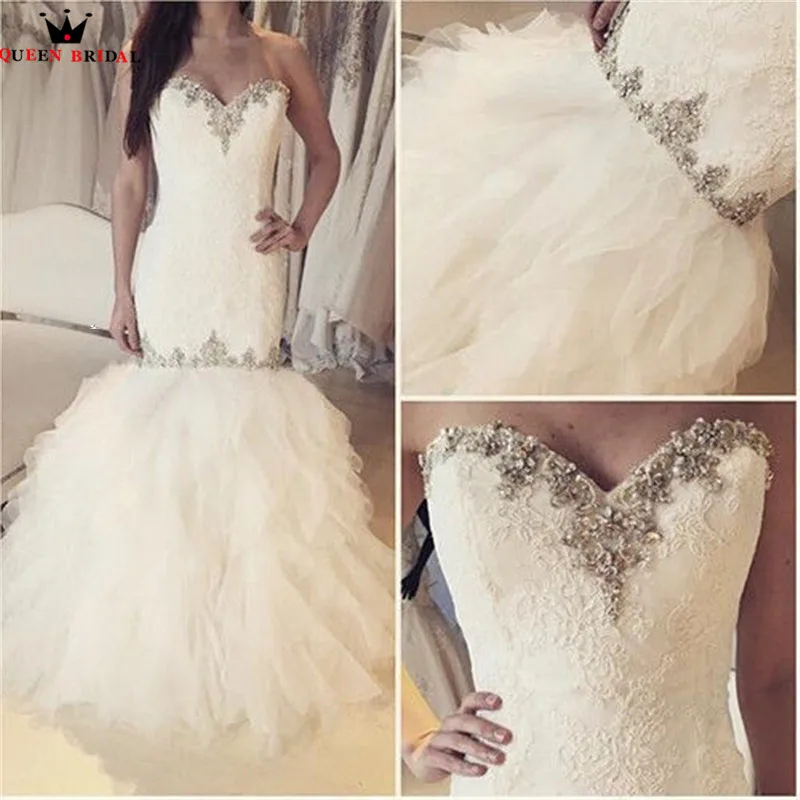 

Sexy Wedding Dresses Mermaid Sweetheart Crystal Beading Sequins Lace Ruffle Bottom Wedding Gown Bridal Dress Custom Made YB139