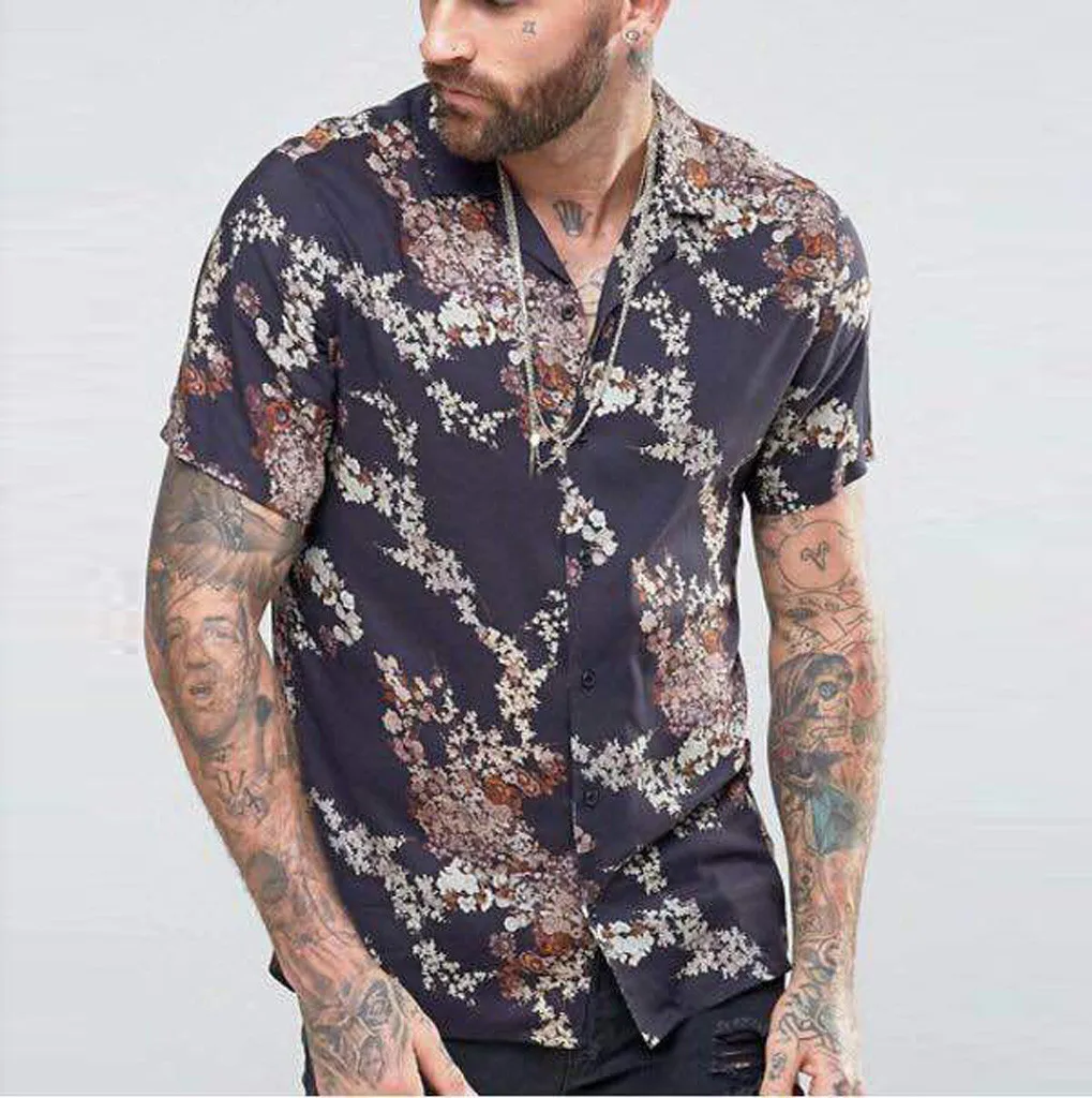 

Men Summer Shirts Casual Flora Printing Shirts Streetwear Short-Sleeve Pullover Turn Down Collar Top Blouse Plus Size