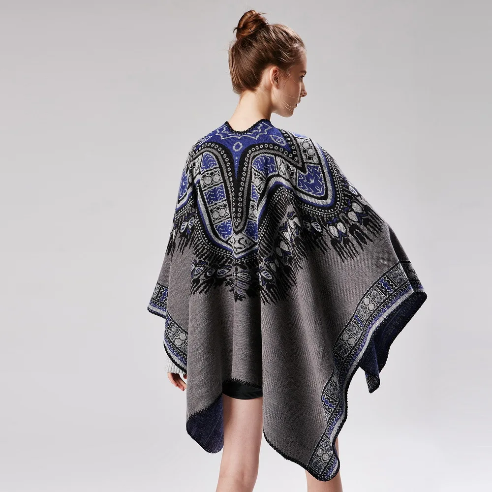 

2019 Vintage ethnic fringed knit Cloak Geometric Poncho bat-sleeved Tassels Cape cardigan sweater shawl Woman coat Pashmina