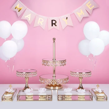 

7pcs/ set 2 tiers cake stand mirror surface top round tray