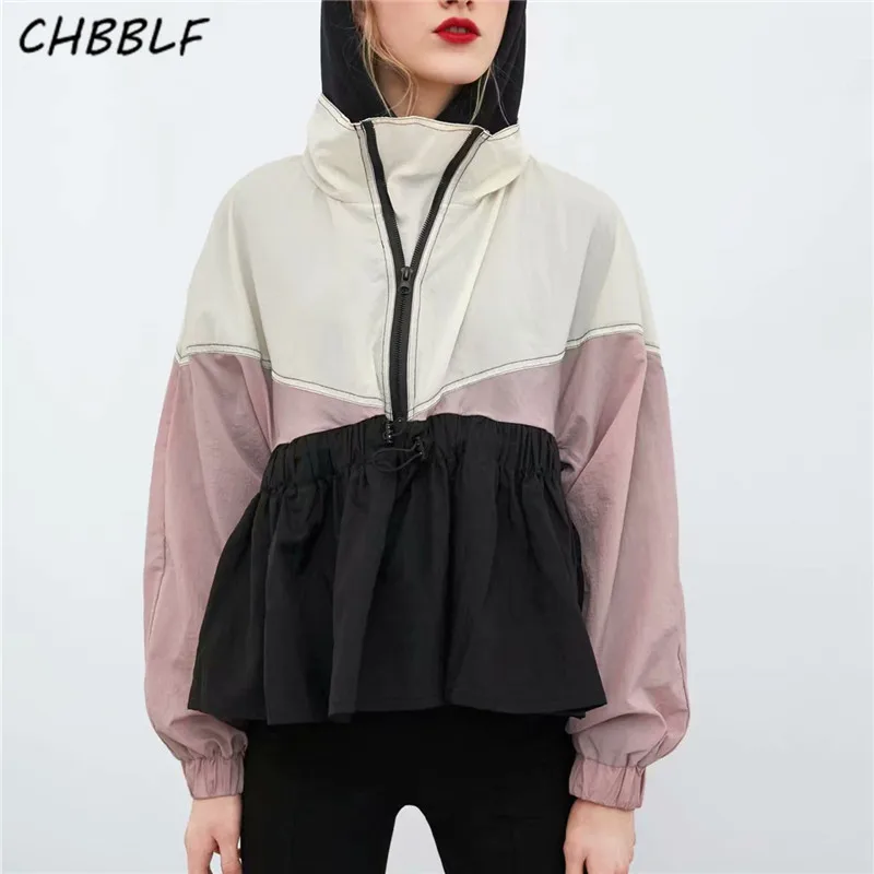 

CHBBLF women chic color block jacket coats elastic waist drawstring tie long sleeve pleated outerwear female casual tops BGB9127