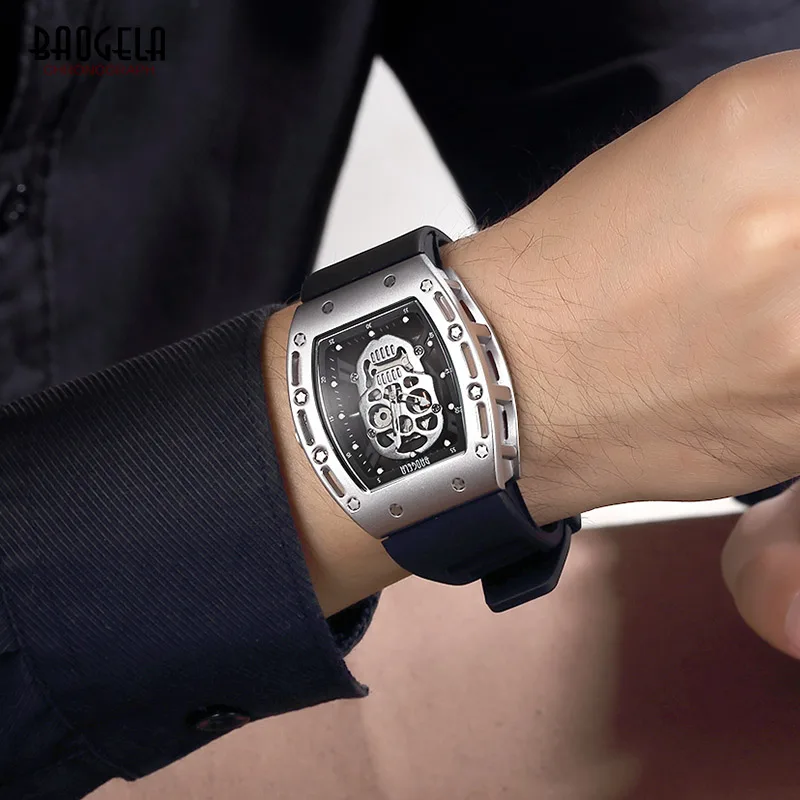  Baogela Mens Fashion Military Silicone Strap Rectangle Dial Skull Face Sport Quartz Wrist Watches B