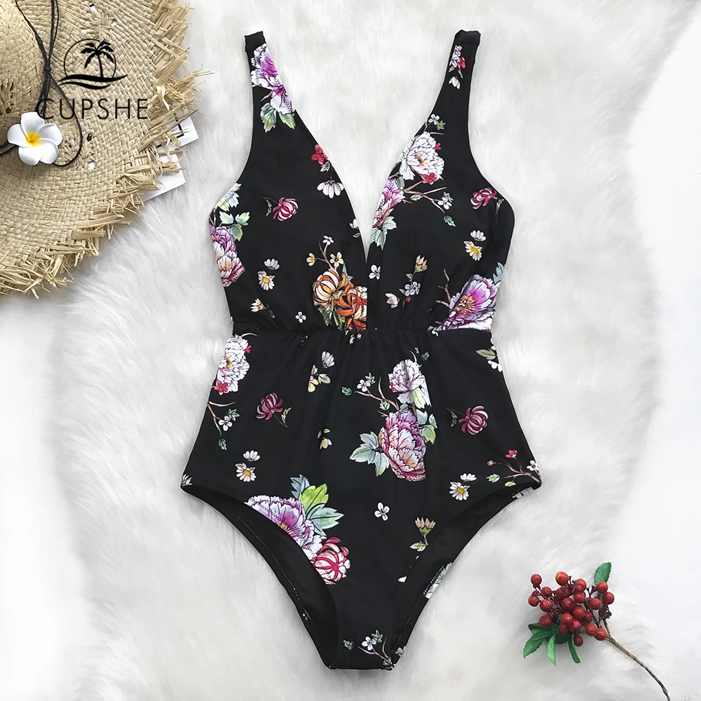 CUPSHE Black Floral Print Lace Up One Piece Swimsuit Women Ruched Sexy ...