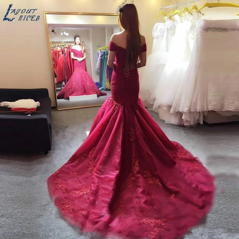 

SHJ520 2019 Modest Burgundy Mermaid Evening Dresses Off Shoulder Beads Applique Formal Evening Party Gowns Chapel Train Pageant