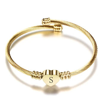Adjustable Gold Color Stainless Steel Heart Bracelet Bangle With Letter Fashion Initial Alphabet Charms Bracelets For Women