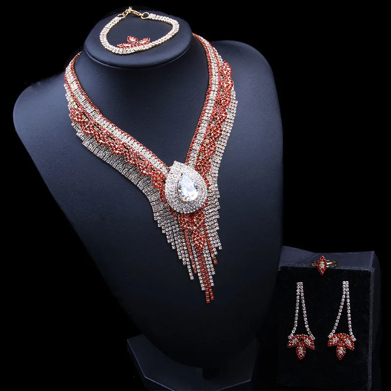 

Red Water Drop Long Necklace Earring Jewelry Set Cubic Zirconia Crystal Prom Female Girl Ceremony Dress Banquet Gift Accessories