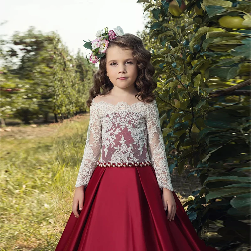 Cheap Price Little Girls Prom Dress with Long Sleeves Burgundy Satin