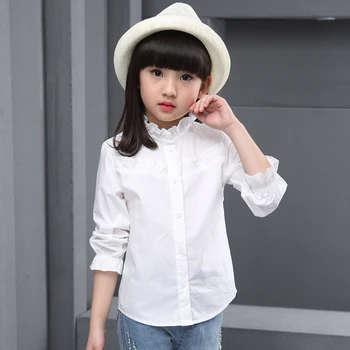 

White Girls Shirts for School 2018 New Full Sleeve O-neck Girl Blouses Solid Tops Teenager Kids Children Clothing Clothes Bs083