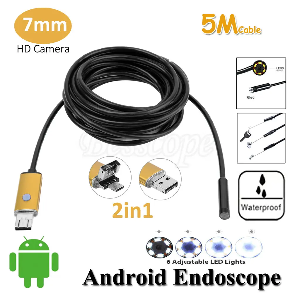 7mm Lens 2in1 Android Endoscope Camera 5M OTG Micro USB Snake Flexible