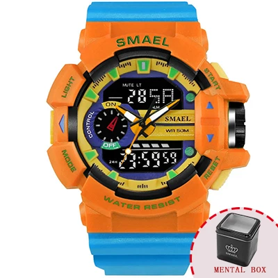 Светодиодный кварцевые наручные часы Роскошные SMAEL крутые мужские часы большие часы цифровые часы Военные Army1436 водонепроницаемые спортивные часы для мужчин - Цвет: Orange Blue Box