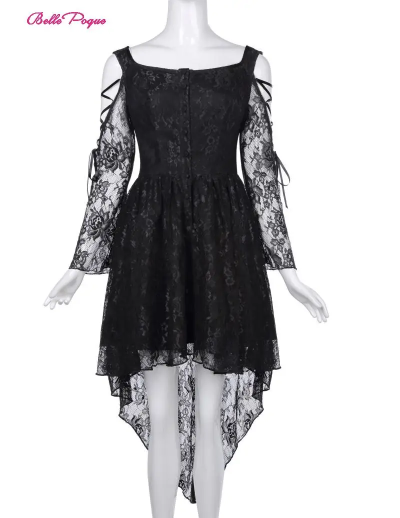 

Belle Poque Retro Sexy Women Vintage Square Neck Gothic Off Shoulder Victorian Long Sleeve High-Low Foral Lace See-Through Dress