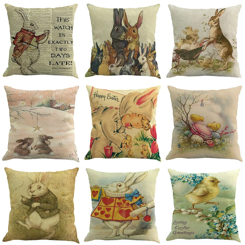 Happy Easter Bunny Printed Throw Pillow Case Easter Eggs Decorative