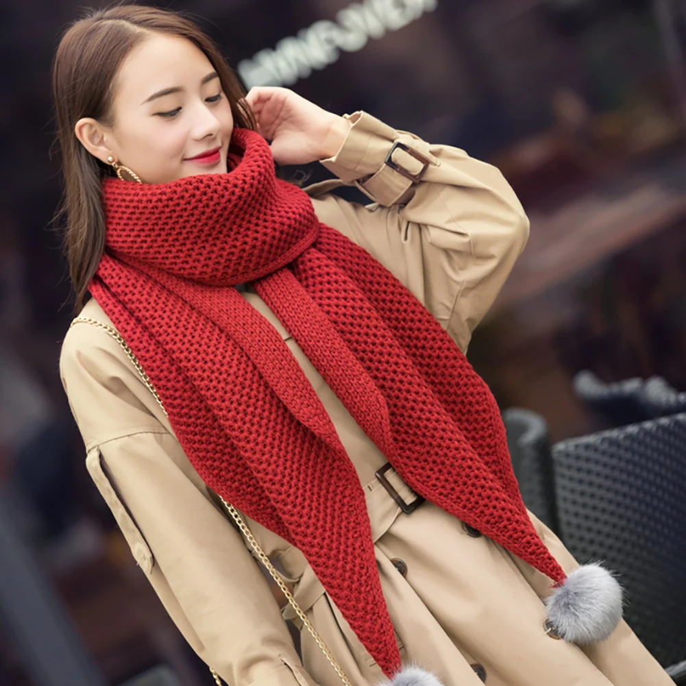 

Fashion Women Winter Thicken Woolen Yarn Knitting Scarf Shawl with Pompom Decor