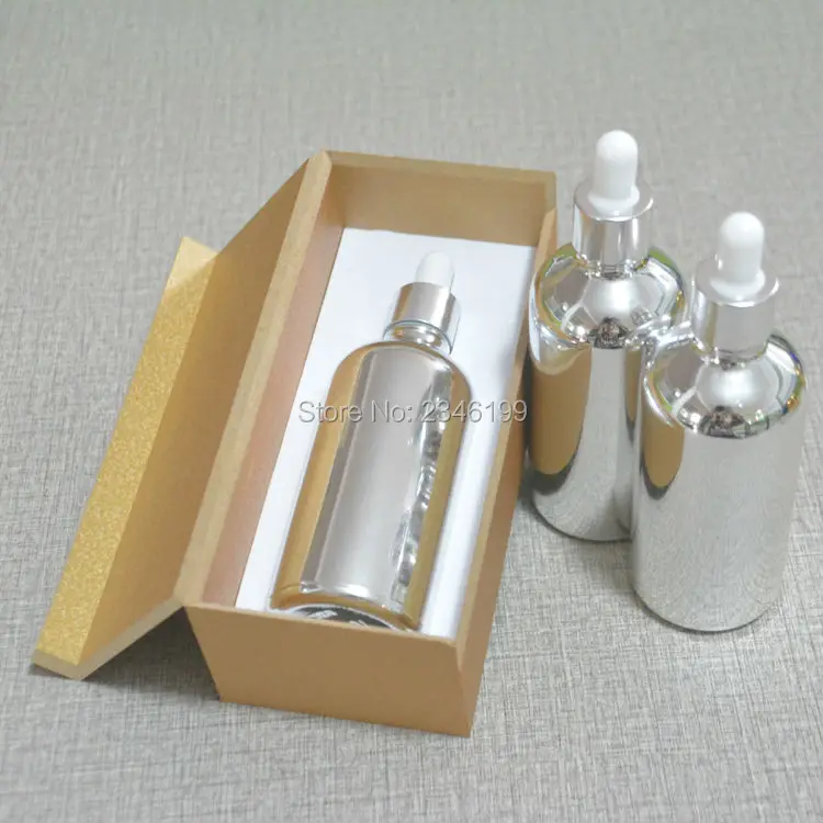 

50ML 100ML Silver Glass Bottle with Glass Pipette Dropper Silver Cosmetic Essential oil Bottles Wooden Packing Box, 10 pcs/Lot.