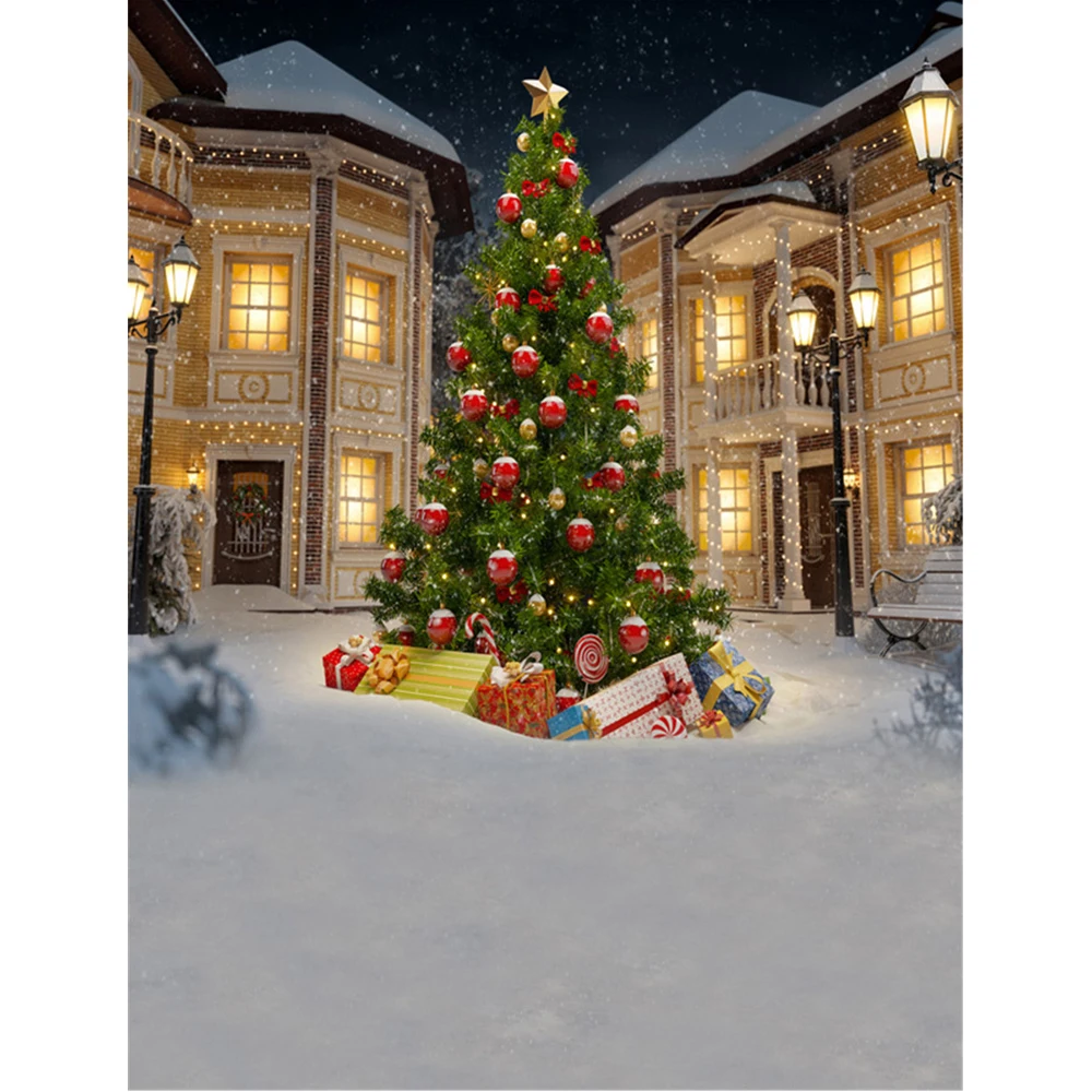 

Red Gold Balls Decorated Christmas Tree Backdrop Printed Presents Houses Street Light Winter Snow Snowflakes Photo Backgrounds