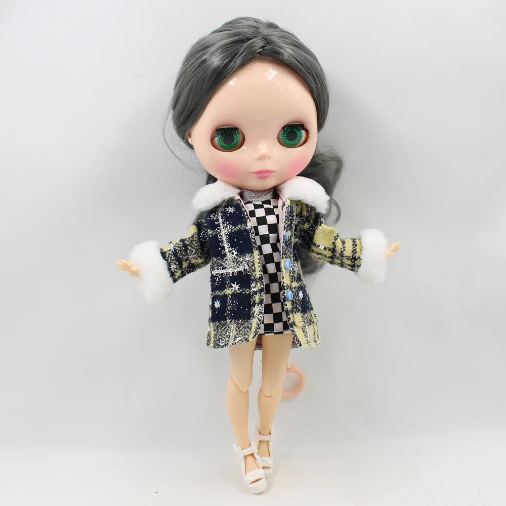 Одежда для куклы Blyth 1/6 зимнее пальто в клетку плюшевое розовое и желтое ледяное
