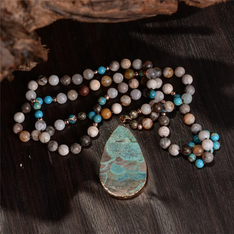 Женская мода Ручной Работы Бохо ожерелье микс натуральные камни большое ожерелье с подвеской-каплей Лариат бусы завязанное богемное ожерелье