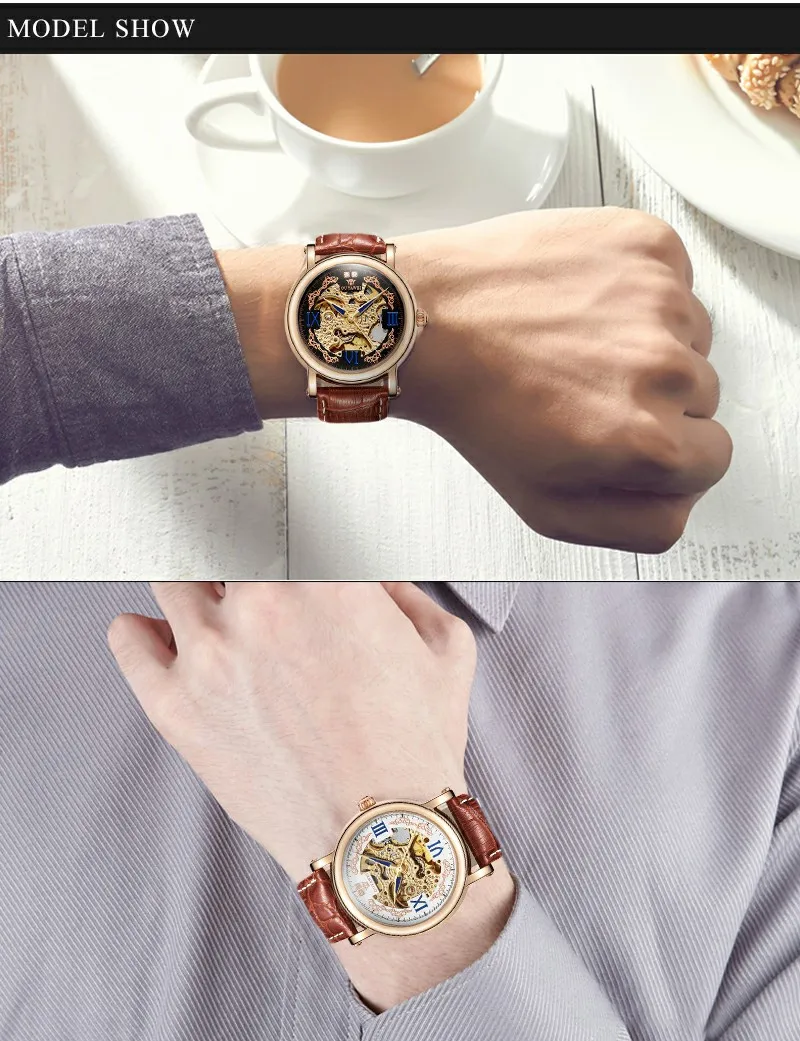 Автоматические механические часы, мужские роскошные брендовые наручные часы, мужские часы, кожаные Наручные часы, мужские деловые часы со скелетом, мужские часы
