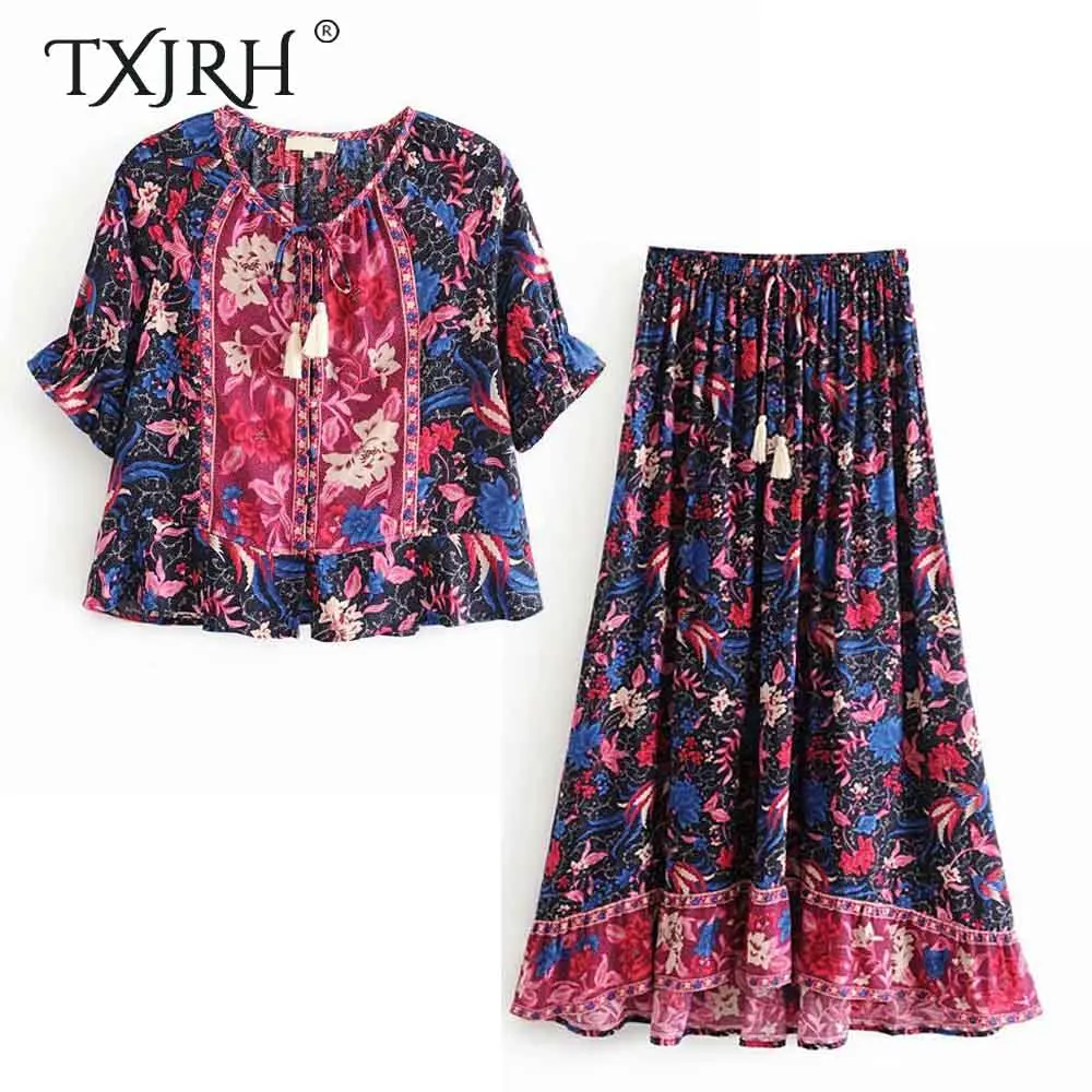 

TXJRH Bohemia Ethnic Phoenix Floral Tassel Lacing up V-Neck Puff Sleeve Tops Elastic Waist Tied Bow A-Line Skirt 2 Pieces Sets