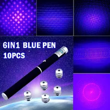 Mejor Precio 10 UNID 5 mw 532nm Viga 6in1 Puntero Láser Azul Violeta Apresentador PPT Puntero Láser Pluma Lazer Jogo de Luz + Estrella Cap