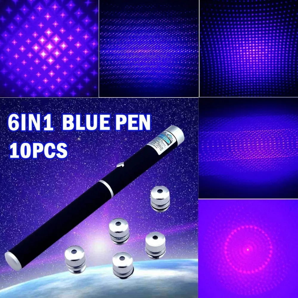 

Best Price 10PC 5mw Beam 6in1 Blue Violet Laser Pointer Puntero Laser Apresentador PPT Lazer Pen Jogo De Luz + Star Cap