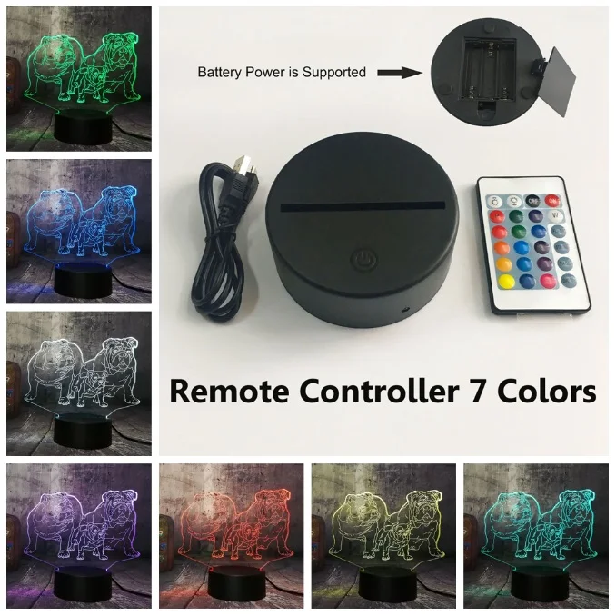Новинка, милый щенок, бульдог, семейный 3D светодиодный ночник, милая собака, собачка, животное, настольный домашний спальный домик, декоративный светильник, подарок для ребенка - Испускаемый цвет: Controller 7 Color