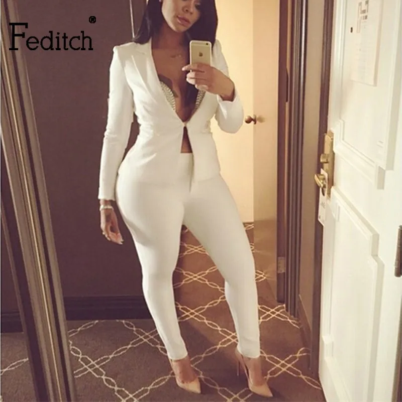 

Feditch Blazers Pant Suit Solid Two Piece Set Office Jacket And Pants Set Elegant Slim Plus Size Sexy 2 Piece Outfit Female