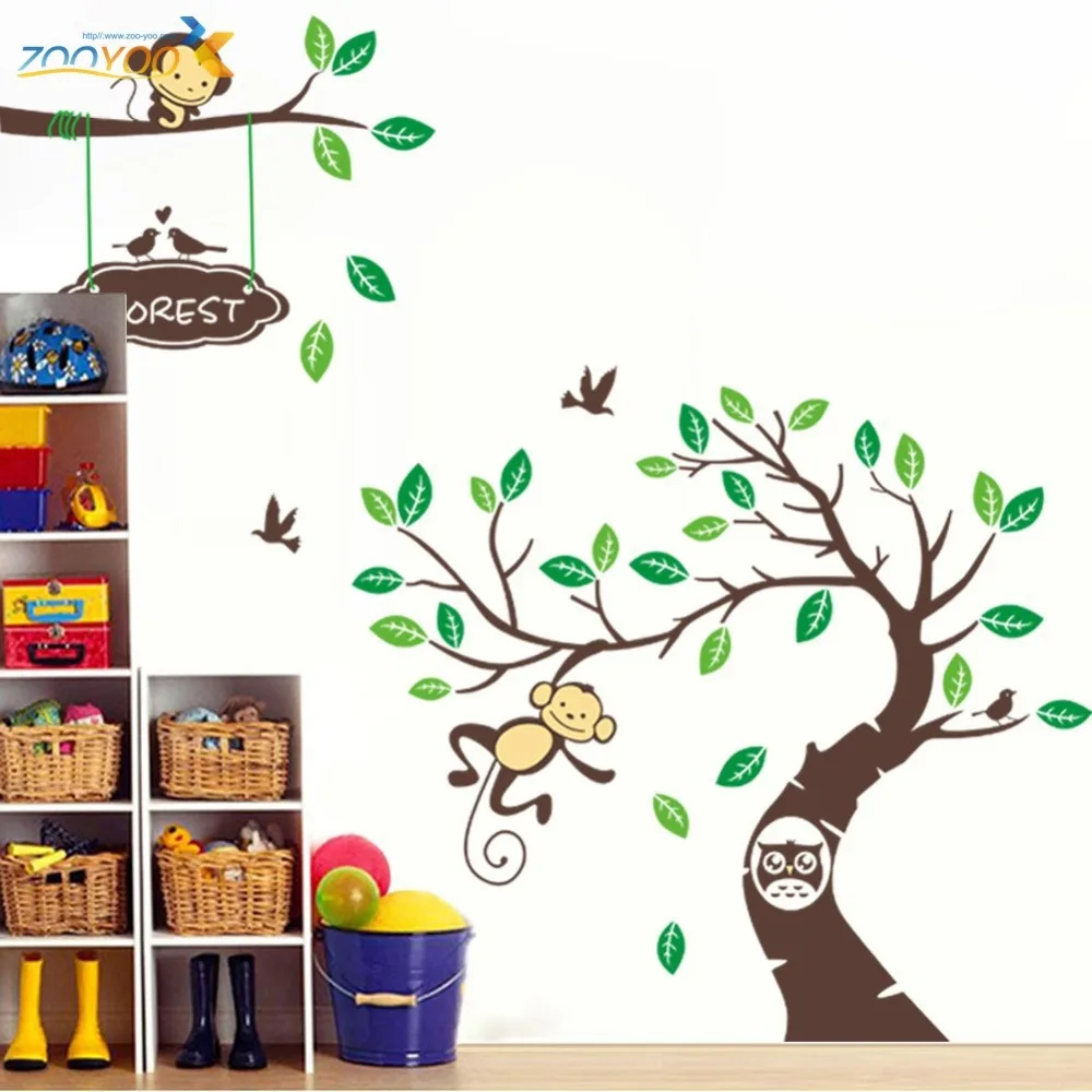 Lucu Monyet Bermain On ZooYoo1207 Pohon Hewan Stiker Dinding Untuk