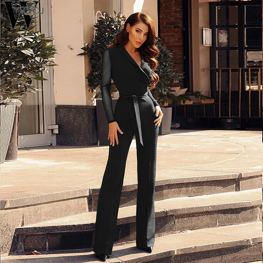 Женский офисный комбинезон WYHHCJ черный облегающий в горошек с v-образным вырезом