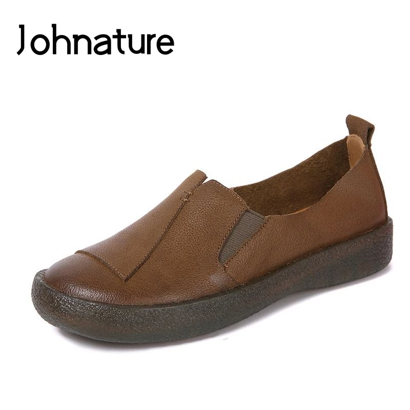 

Johnature 2019 New Spring/autumn Handmade Genuine Leather Retro Round Toe Platform Loafers Solid Comfortable Women Flat Shoes