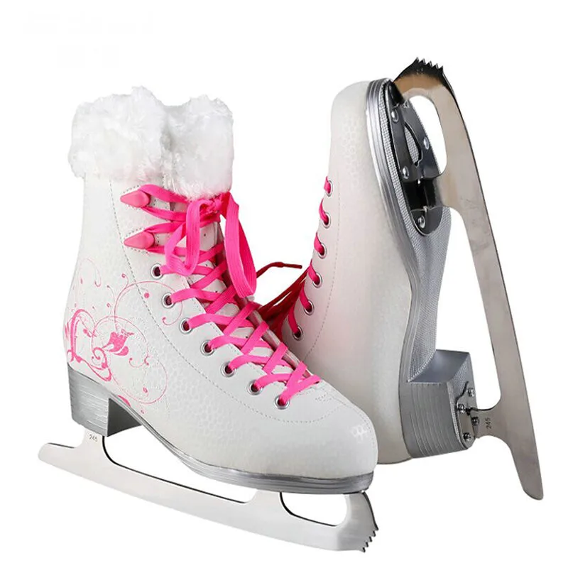مصنع منفذ الفتيات الأبيض الشكل سكيت أحذية ، المرأة الجليد الزلاجات مع الدافئة قصيرة أفخم ذائع الصيت ، PVC وحيد الفتيات الرقم تزلج الأحذية