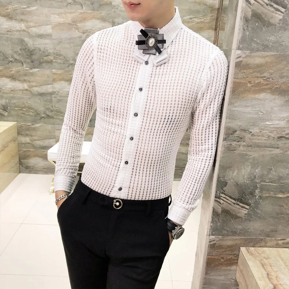 Горячая Распродажа Мужская рубашка Мода 2019 сексуальный полый смокинг Slim Fit
