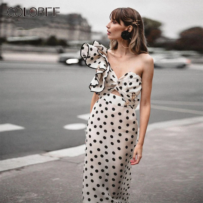 

COLOREE Sexy Ruffles Polka Dot One Shoulder Dress 2019 Summer Women Hollow Out V neck Backless Dress Vacation Casual Dress