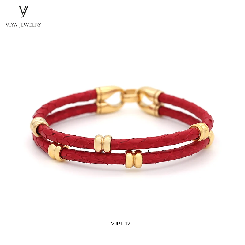 GENUINE PYTHON LEATHER MEN BRACELET WITH GOLD COLOR STAINLESS STEEL BEADS CLASP,BEST GIFT FOR MATCH UP WATCH (7)