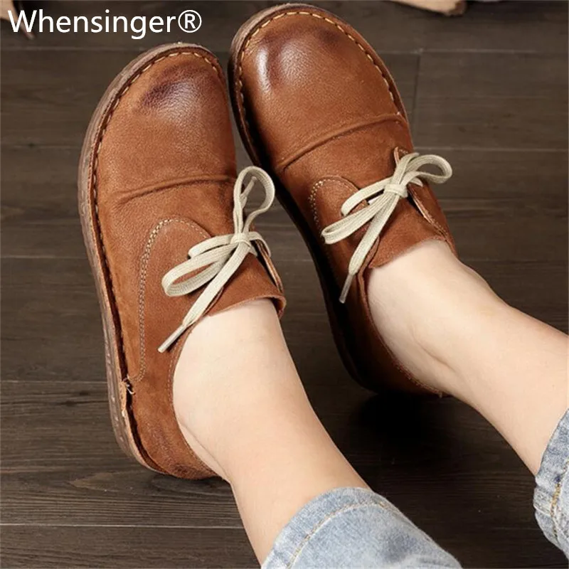 Najtaniej Whensinger 2019 New Arrival kobiety prawdziwej skóry buty sznurowane mieszkania 2 kolory 8561 trampki damskie płaskie buty