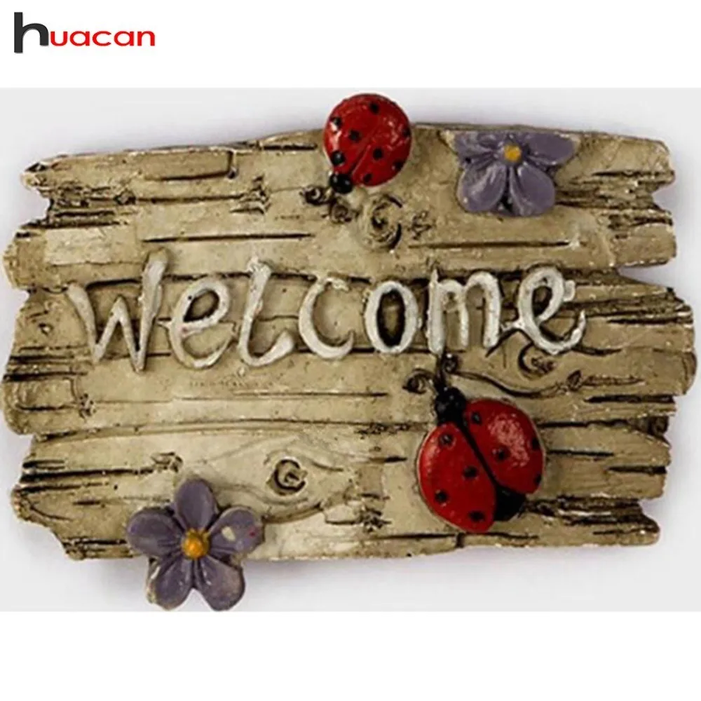 

HUACAN Full Square Diamond Painting Cartoon 5d DIY Diamond Embroidery Flower "Welcome" Picture Of Rhinestone Ladybug Decor Home