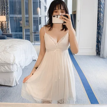

2019 Sexy Gauze Women Nightdress Spaghetti Strap Deep V Lace Lovely Nightgown Lingerie
