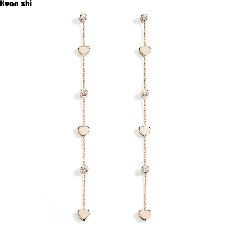

HUANZHI Sweet S925 Sterling Silver Pin Metal Gold Love Heart Crystal Zircon Long Tassel Chain Dangle Earrings for Women Girl