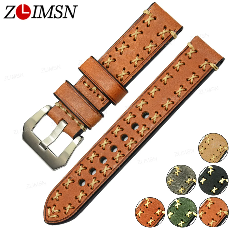 Zlimsn Genuine Leather Watch Bands 20 22 24 26mm Strong Stitched Belt 316l Stainless Steel