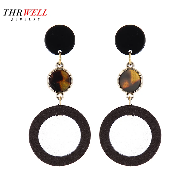 

THRWELL Round Wooden Earrings For Women Geometric Fashion Wood Jewelry 6.8cm Trendy Earring Party Accessories