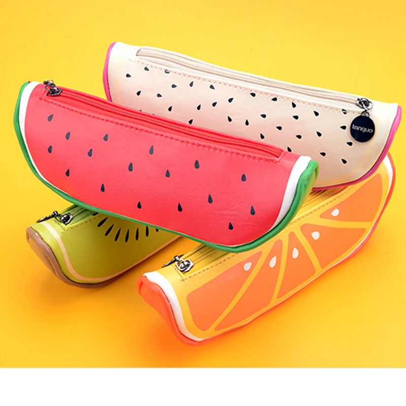 Large Cute school pencil case bags for girls big Fruit leather pencil