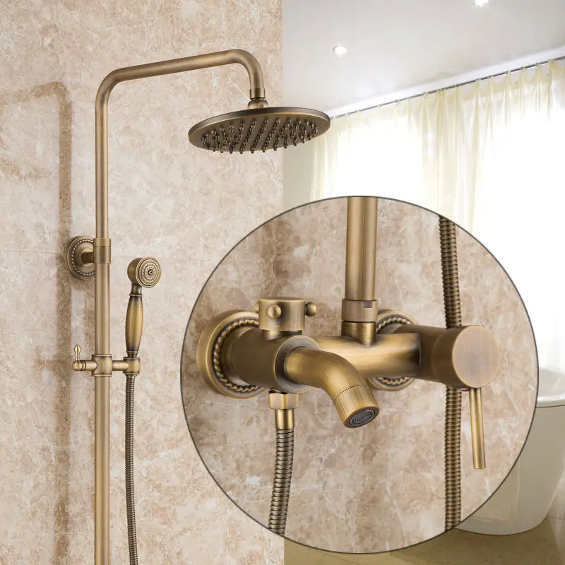 

Luxury NEW Antique Brass Rainfall Shower Set Faucet Tub Mixer Tap ceramic Hand Shower with slide bar Wall Mounted Free Shipping