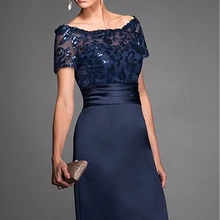 Элегантное темно-синее платье-футляр для матери невесты, атласное платье с короткими рукавами и пайетками до колена, свадебное платье для гостей на заказ