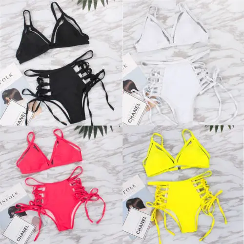 

New Hot Women Bikini Set Padded Push up Bra Swimsuit Solid color Swimwear Bandage Backless Bathing Suit Low waist Beachwear 2018